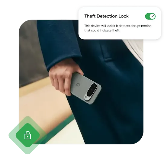 A hand holding a grey Google pixel phone. An example of the Theft Detection Lock interface is on the upper right corner.