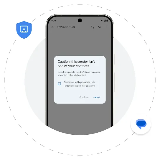 A smartphone screen displaying a warning pop-up in a messaging app that reads, "Caution: this sender isn't one of your contacts," warning the user about potentially harmful links.