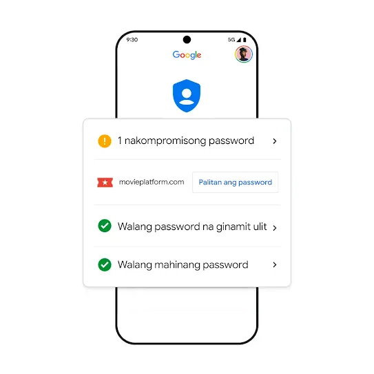 Larawan ng Google phone na may mga resulta ng nakompromisong password.