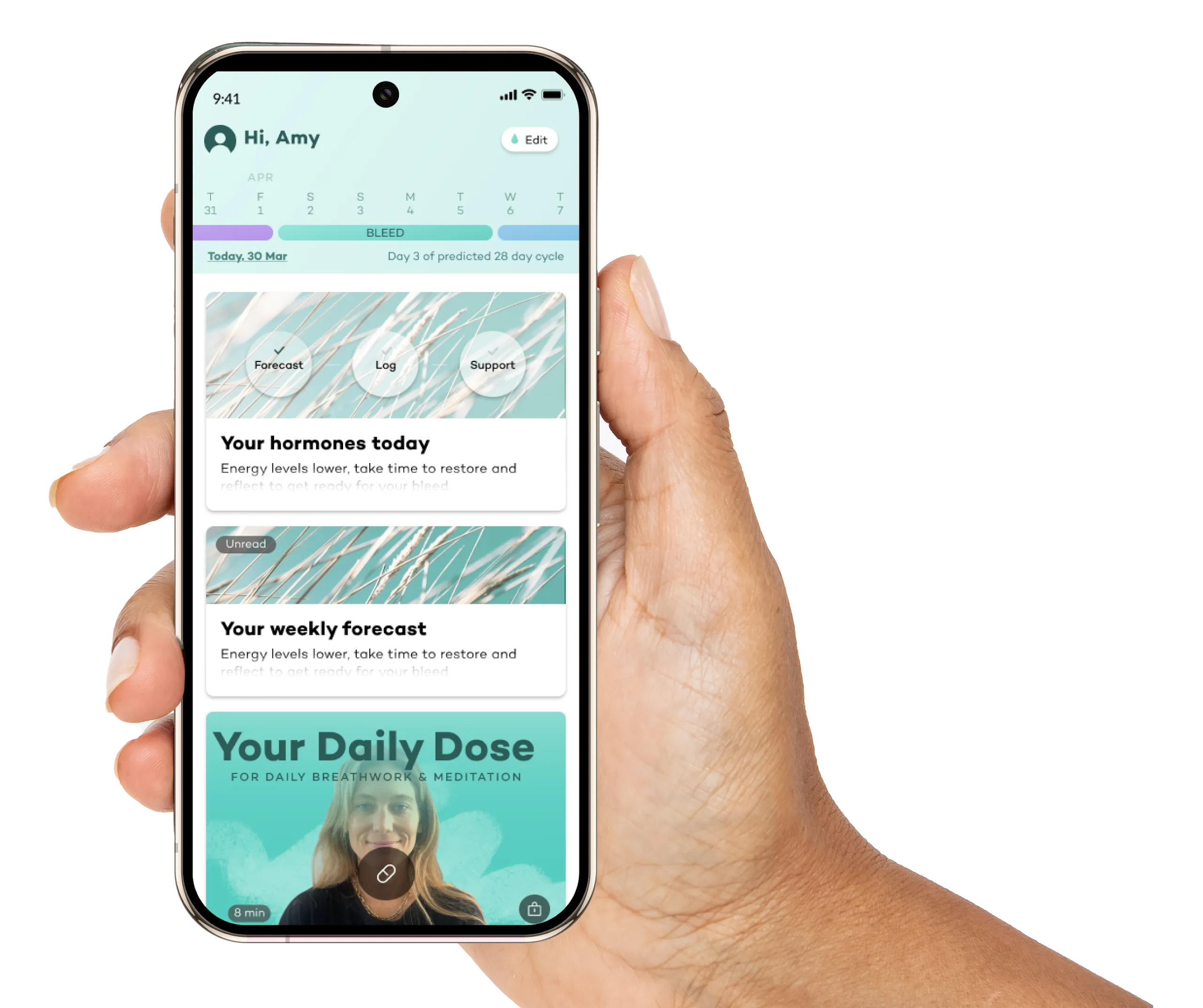 Hand holding a smartphone showing the Moody Month dashboard with hormone insights, wellness tips and daily forecasts.