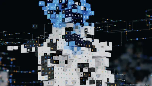 An abstract 3D visualization featuring a vertical structure composed of blue and white cubes marked with various mathematical and digital symbols. Lines of data connectivity glow in the dark background, with a white YouTube play button centered over the digital sculpture.
