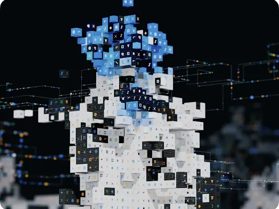 An abstract 3D visualization featuring a vertical structure composed of blue and white cubes marked with various mathematical and digital symbols. Lines of data connectivity glow in the dark background, with a white YouTube play button centered over the digital sculpture.