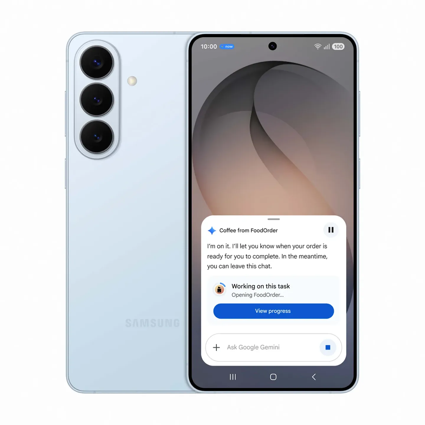 Front and back view of one of the Galaxy S26 Series phones. The phone screen shows an example of Gemini ordering from an online food delivery service.