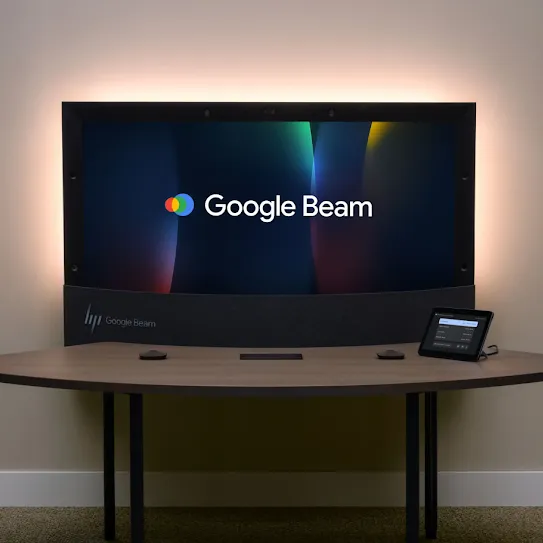 Wide-angle view of a Google Beam setup, highlighting the curved desk and ambient back-panel lighting.
