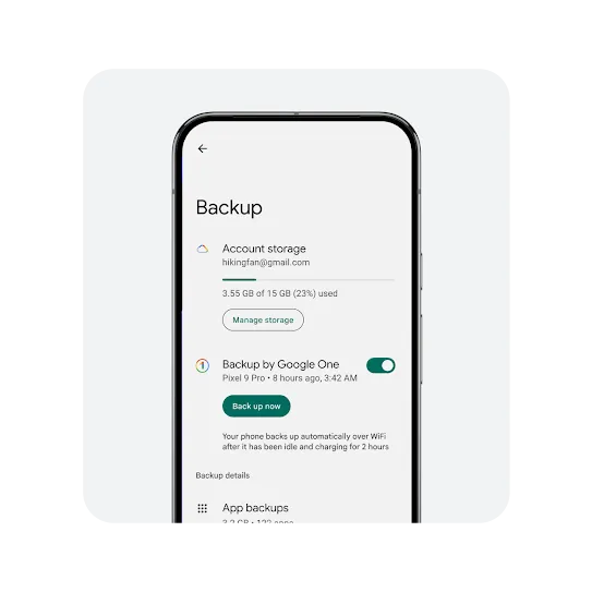 An outline of an Android phone containing backup details.  The information displayed includes the associated gmail account, used and available storage details, manage storage call to action button, Google One backup toggle turned on, Back up now call to action button and text that says your phone backs up automatically over WiFi after it has been idle and charging for 2 hours.