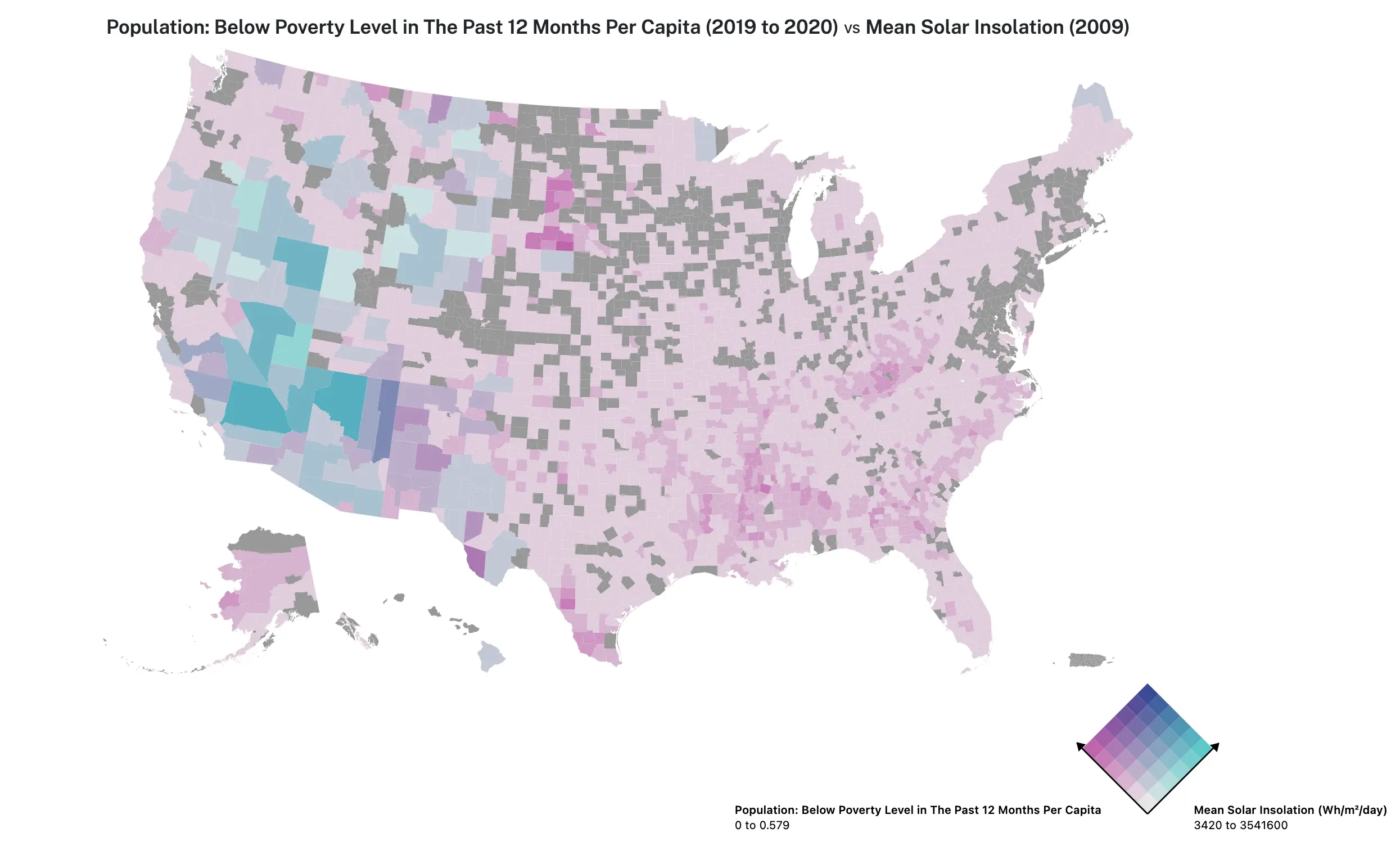 Mapa de Estados Unidos con tonos púrpura, azules y grises para representar datos sobre dónde puede tener el mayor impacto la inversión en energías renovables — Potencial de energía solar vs. pobreza