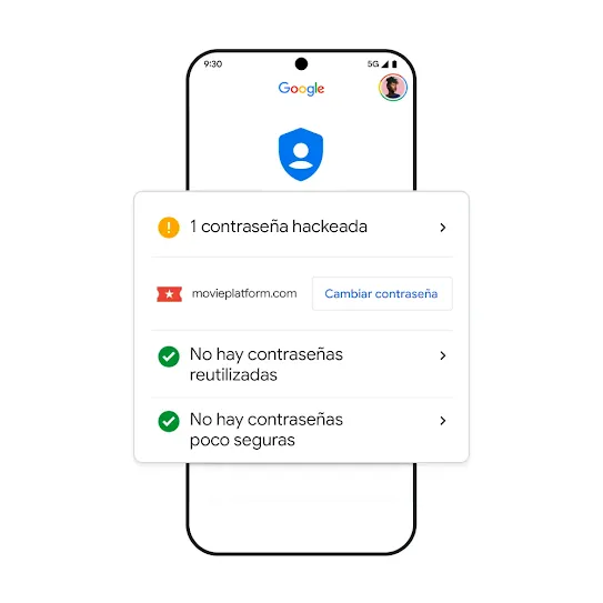 Imagen de un teléfono de Google con resultados de contraseñas hackeadas.
