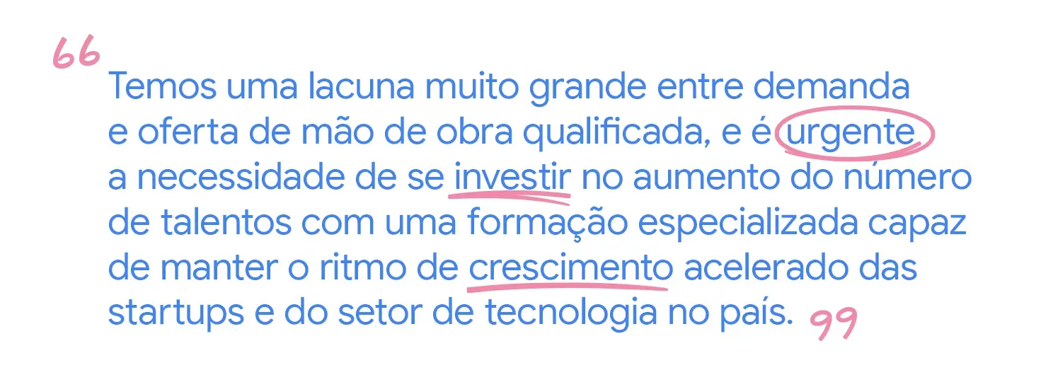 Temos uma lacuna muito grande entre demanda e oferta de mão de obra qualificada, e é urgente a necessidade de se investir no aumento do número de talentos com uma formação especializada capaz de manter o ritmo de crescimento acelerado das startups e do setor de tecnologia no país.