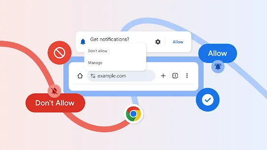 An illustration showing a Chrome browser interface with a notification permission request