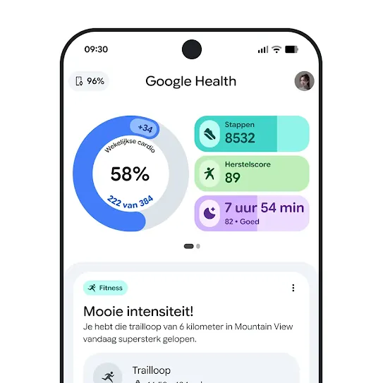 Visuele weergave van een smartphonescherm met de Google Health-app geopend, waarop een overzicht van een work-out wordt getoond.