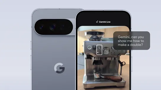 Front and back view of a Moonstone Google Pixel 10 phone. The screen shows an image of an espresso machine to use as an example of how Gemini Live's newest feature works highlighting information you need on your phone screen.