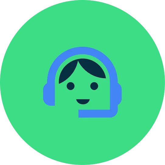 A blue rounded face character with two eyes, a smile, and a hair swoosh, over a green circular background.