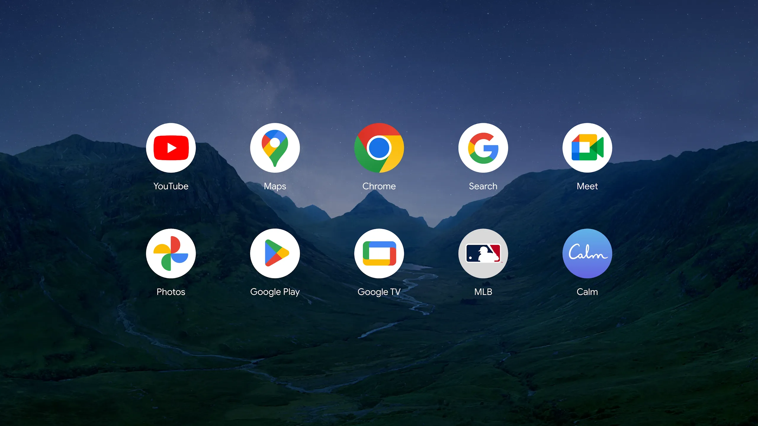 An Android XR screen displaying two rows of five app icons: YouTube, Maps, Chrome, Search, Meet, Photos, Play & Google TV, MLB and Calm