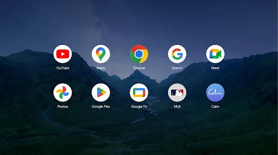 An Android XR screen displaying two rows of five app icons: YouTube, Maps, Chrome, Search, Meet, Photos, Play & Google TV, MLB and Calm