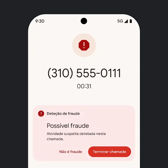 Imagem do ecrã principal de um smartphone Pixel a apresentar uma notificação de uma chamada de spam recusada automaticamente.
