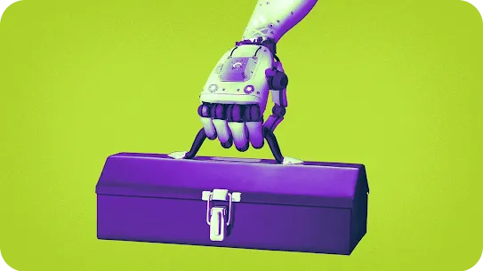 A stylized, high-contrast illustration featuring a white robotic hand lifting a purple metal toolbox by the handle against a solid lime green background.
