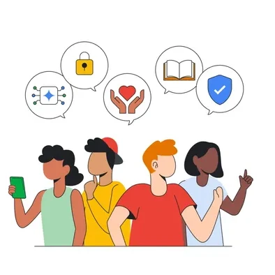 This image features four diverse young people in a row, from the chest up, positioned below several speech bubbles containing icons.