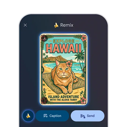 Remixing a photo of a cat to create a Hawaii-themed travel poster in Google Messages on an Android phone.