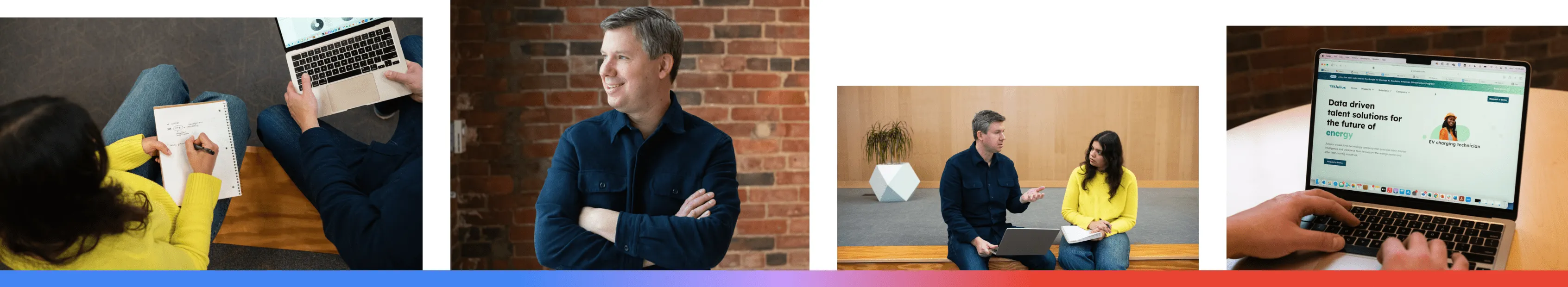 A composite of four images featuring Julius Education in Massachusetts, showing the team collaborating on workforce technology, a portrait of the founder against a brick wall, a mentor-style meeting, and a laptop displaying their platform's focus on data-driven talent solutions for the energy sector.