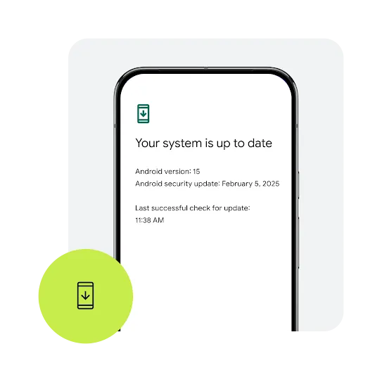 An outline of an Android phone with a notification that the system is up-to-date. Along with other details including current Android version and date and time of the last update.