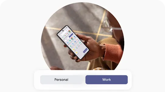 A circular frame shows hands holding a cell phone inside an office with a bike in the background. The phone screen shows numerous apps. Below is an interface with 2 buttons that say ‘Personal’ and ‘Work’ are at the bottom.