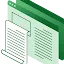 3D isometric illustration in shades of green showing two overlapping browser windows and a document scroll, representing digital regulation, news, and machine learning standards.