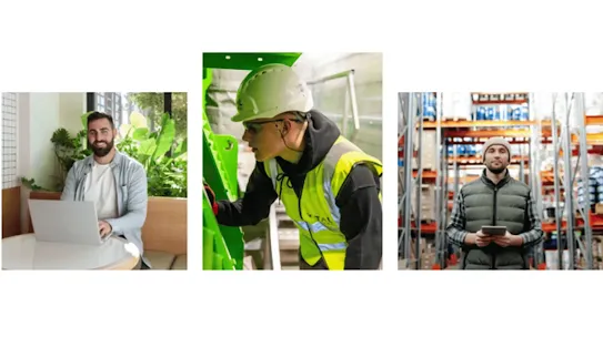 A composite of three photos: an office professional with a laptop, an industrial worker in a hard hat and safety vest, and a warehouse worker holding a digital tablet.