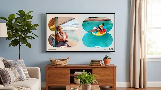 Image of a Google TV device displaying dynamic slideshows in a bright living room.
