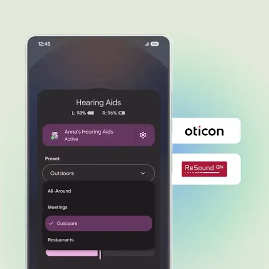 Android phone settings with hearing aid controls including altering presets to outdoors and the charge level of right and left.