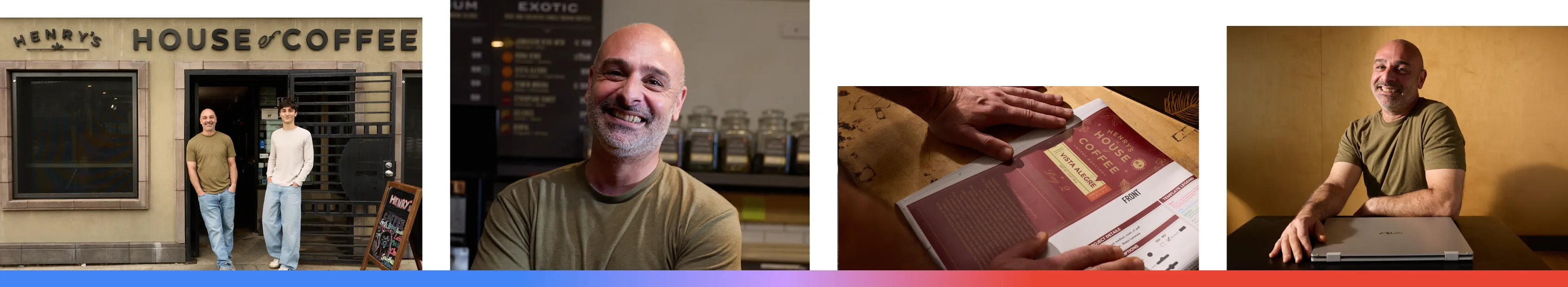 Four images of Hrag Kalebjian, the owner of Henry’s House of Coffee, an Armenian coffee shop based in San Francisco.