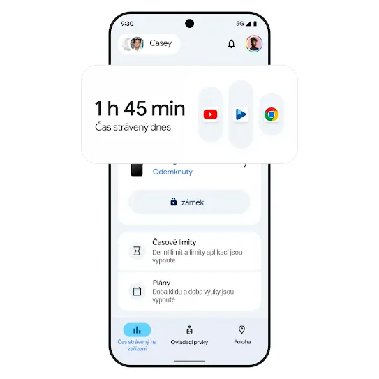Obrázek telefonu s výsledky sledování času stráveného na zařízení.