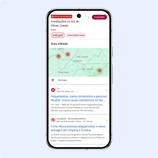 Interface de um celular mostrando um alerta do Google de incêndios florestais na Grande Los Angeles. O painel detalha a qualidade do ar na Califórnia com base em dados do airnow.gov e da NOAA, com um mapa interativo da região, um índice em escala de cores do IQA e atualizações meteorológicas oficiais do Serviço Nacional de Meteorologia, que alerta sobre ventos fortes.