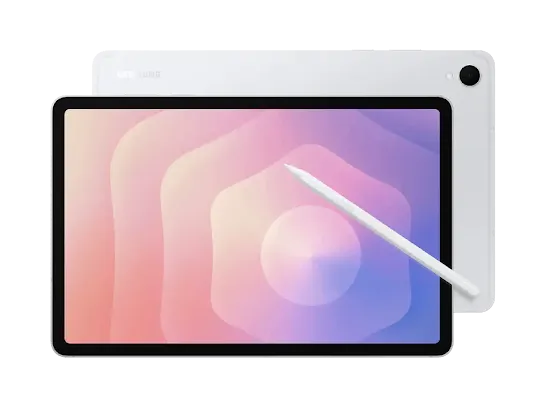 Samsung Tab S11 Ultra with a pink-purple abstract wallpaper on screen.