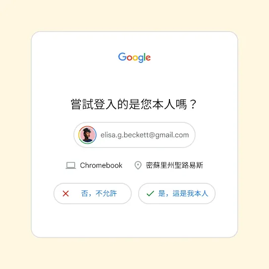 兩步驟驗證介面詢問「嘗試登入的是您本人嗎？」，並顯示「否，不允許」和「是，這是我本人」按鈕。