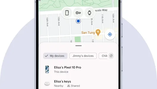 A phone screen shows a pin pulsating behind the phone, key, and watch icons on a map.