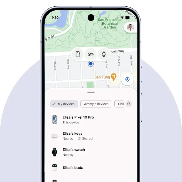 A phone screen shows a pin pulsating behind the phone, key, and watch icons on a map.