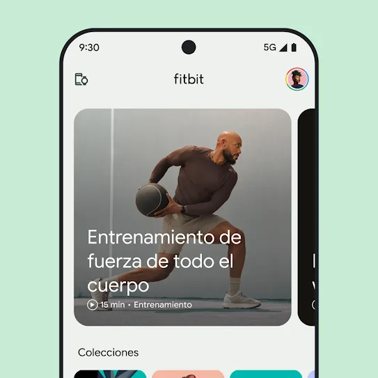 Imagen de la pantalla de un smartphone con la aplicación Fitbit abierta, en la que se muestra la imagen de un entrenamiento de fuerza de todo el cuerpo.
