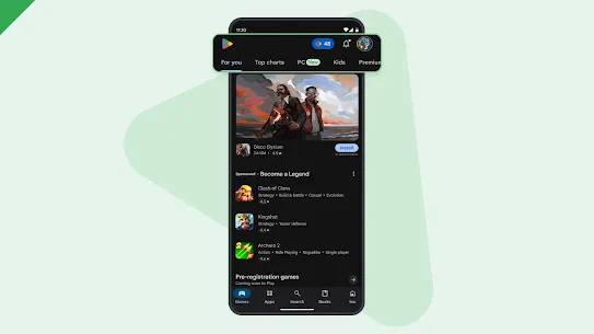 A phone screen shows the "Games" tab of the Play Store, including a new "PC" section.