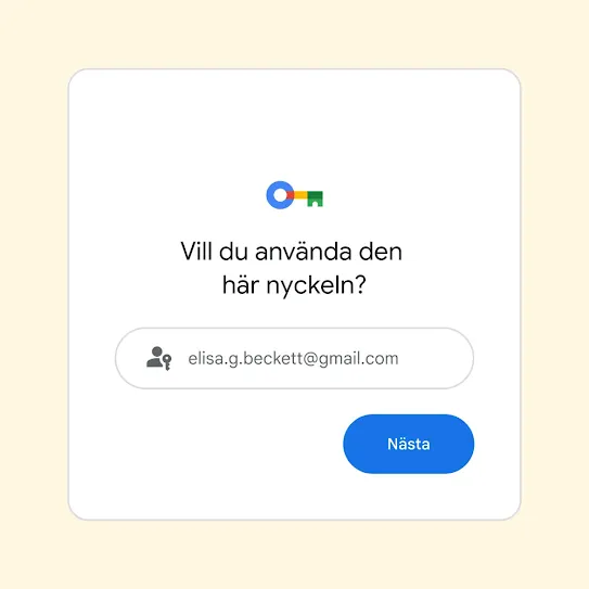 Användargränssnitt för inloggningsprompt som frågar Använd denna nyckel? och en Nästa-knapp.