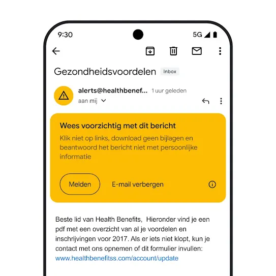 Visuele weergave van een e-mail in Gmail op een smartphonescherm met een beveiligingsmelding van een mogelijke poging tot phishing.
