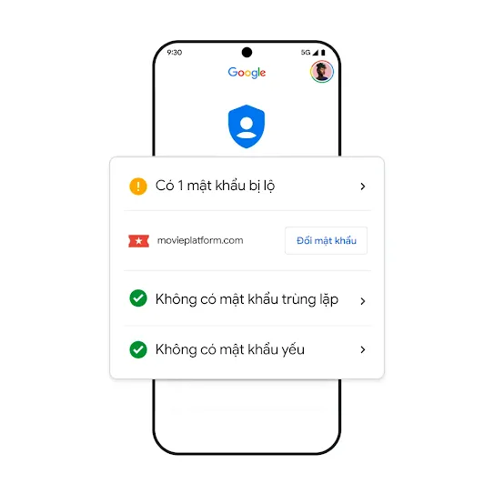 Hình ảnh điện thoại của Google với kết quả cho thấy mật khẩu bị lộ.