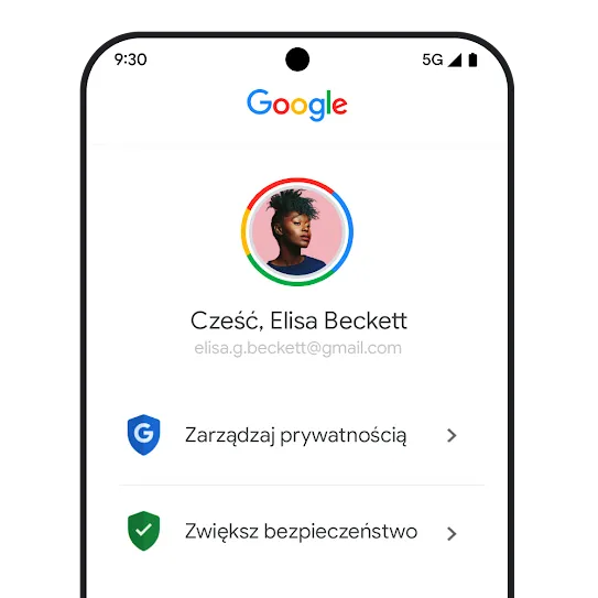 Menu konta Google na urządzeniu mobilnym z wyświetlonymi zaleceniami dotyczącymi prywatności i bezpieczeństwa