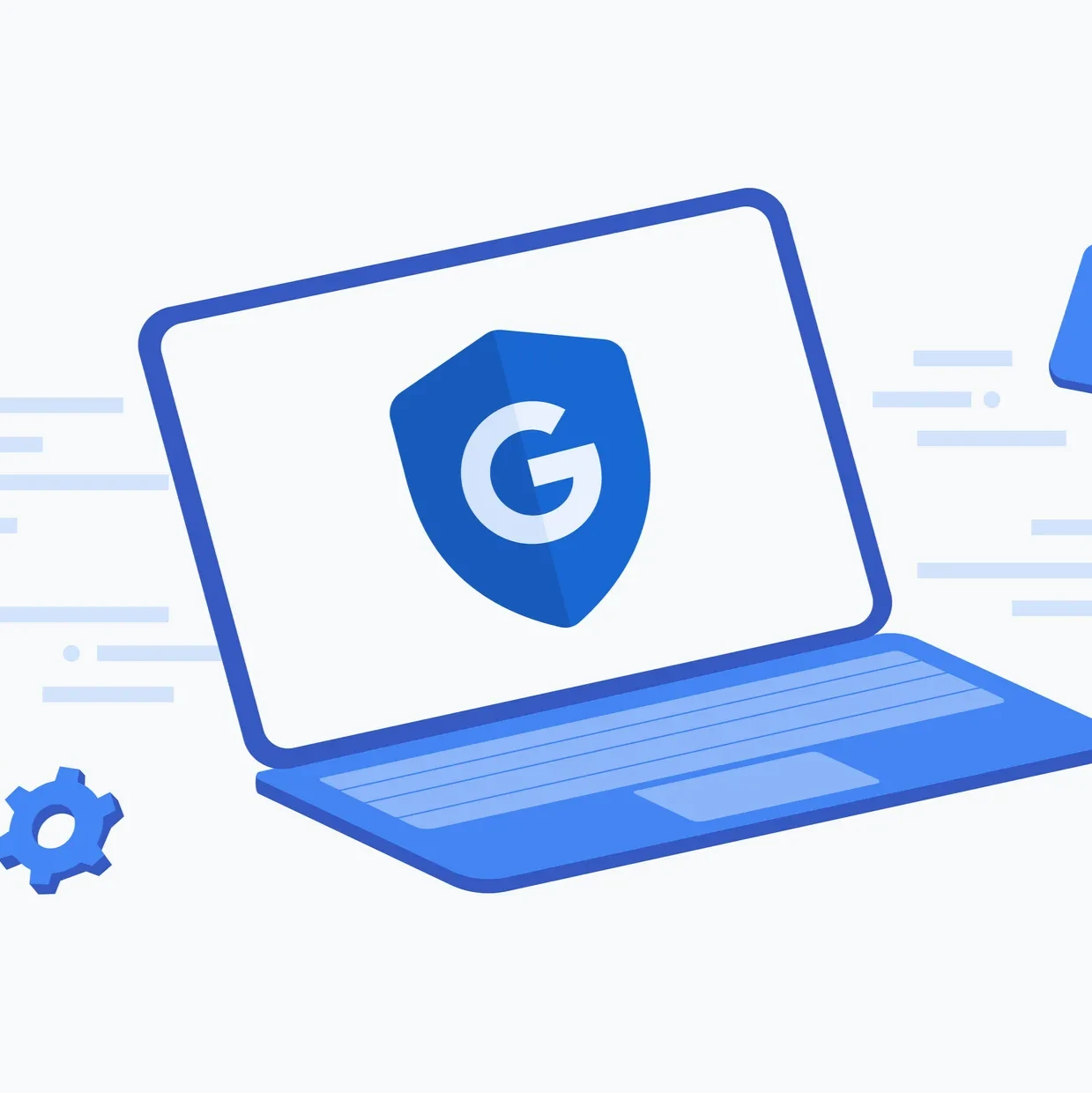 Blue laptop displays security shield with the letter G, with gear and sparkle icons, abstract blue lines.
