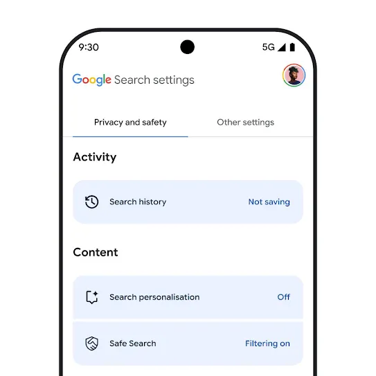 Visual of Google Search settings on smartphone screen, including settings for Search history, Search personalisation and SafeSearch.