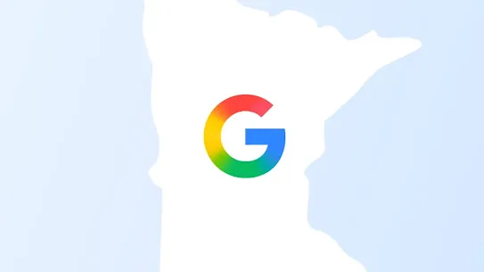 A graphic featuring a white silhouette map of the state of Minnesota against a soft, light blue gradient background. A circular Google "G" logo is centered over the state, symbolizing the company's arrival in Minnesota and its commitment to advancing regional clean energy goals.