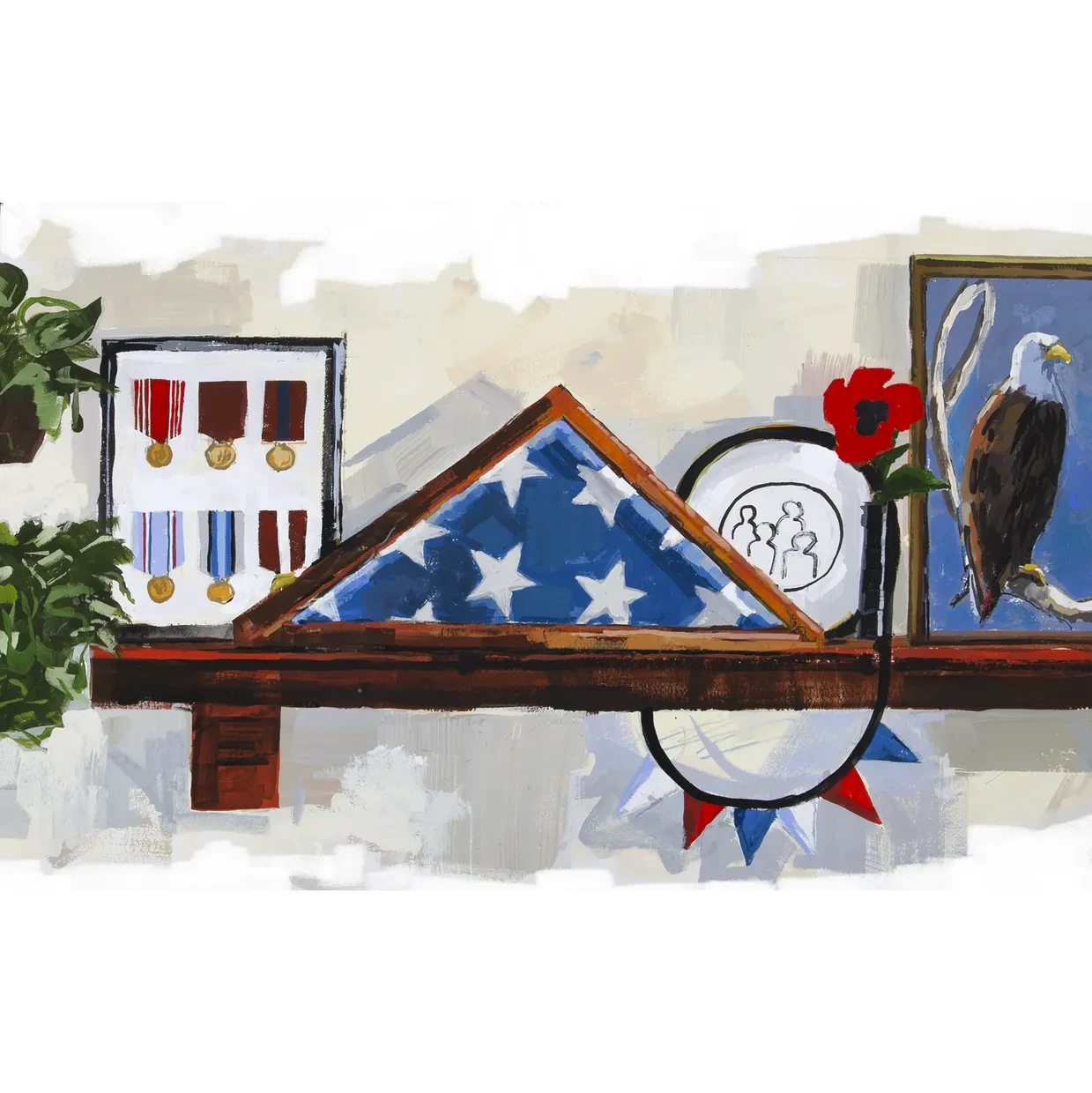 An illustrative image of objects displayed on a wooden shelf, likely for Veterans Day.