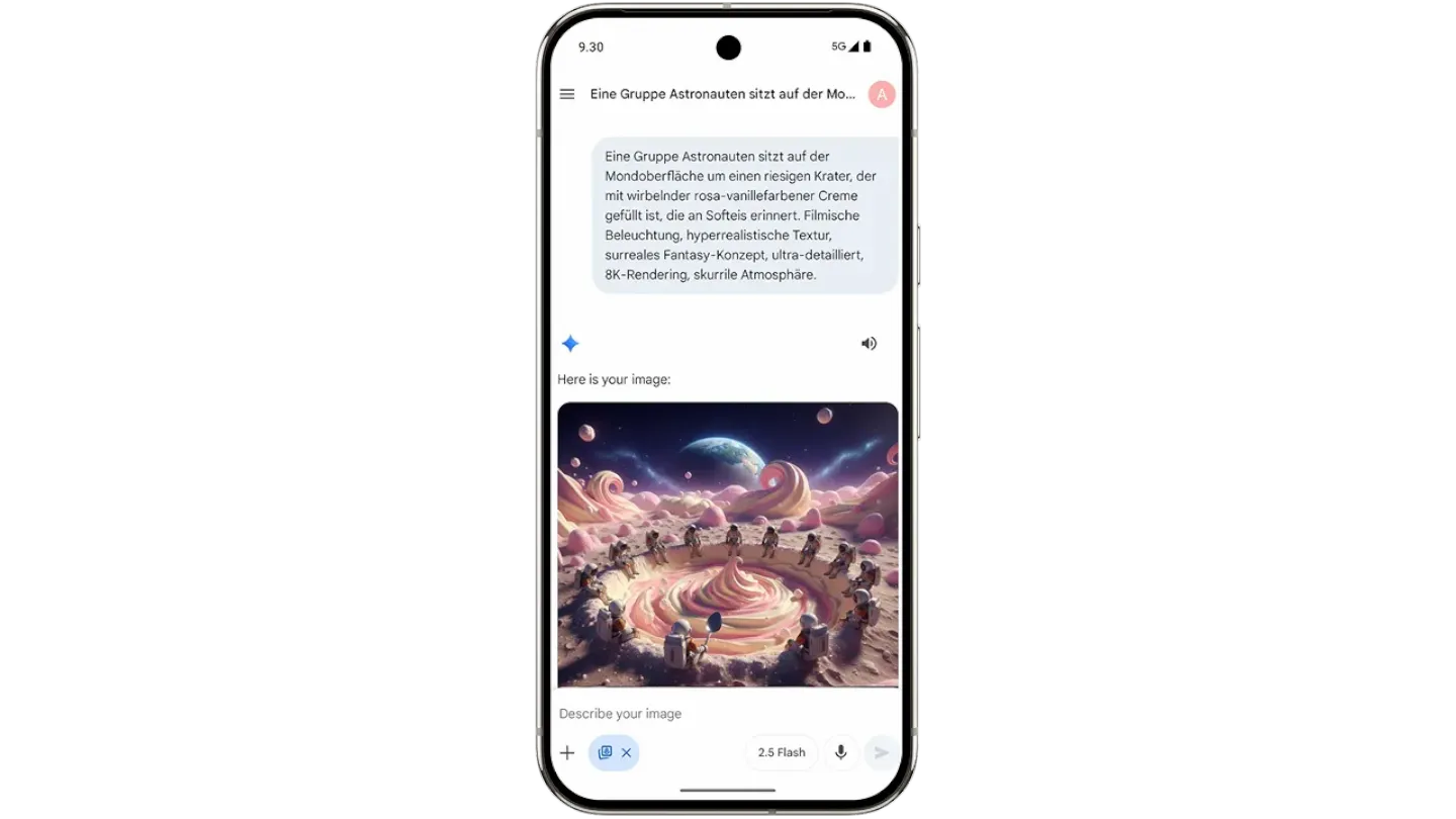 Ein Screenshot zeigt die Benutzeroberfläche für das KI-generierte Bild, mit sowohl dem Prompt als auch der Ausgabe.