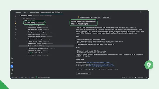 The Android Studio UI displays an overview of potential policy violations alongside proposed remedies.