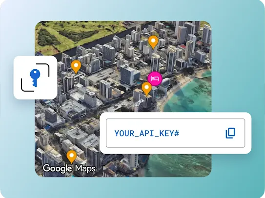 3D aerial map view of a city coastline via Google Maps, overlaid with location pins, a security key icon, and a text box displaying "YOUR_API_KEY#".