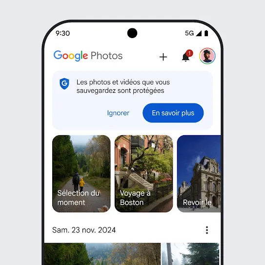 Image d'un écran de smartphone avec Google Photos ouvert, affichant un message de sécurité qui indique que les photos et vidéos sauvegardées sont conservées en lieu sûr, avec un lien pour en savoir plus.